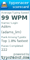 Scorecard for user adams_lim