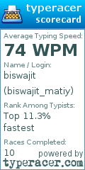 Scorecard for user biswajit_matiy