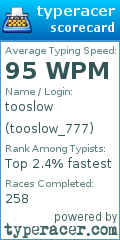 Scorecard for user tooslow_777