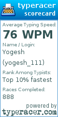 Scorecard for user yogesh_111